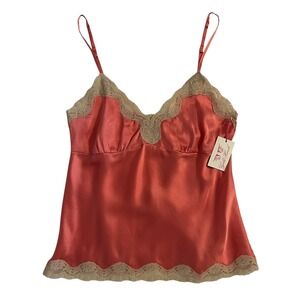 NWT Gold Hawk Peach Amber 100% Silk Lace Trim Babydoll Cami Top SZ XS Y2K